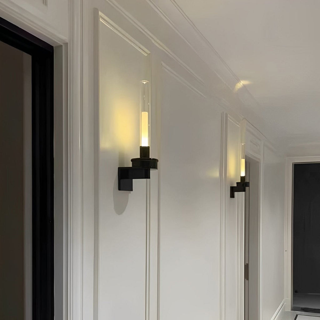 Glass Tube Wall Lamp, Glossy Black Iron Base