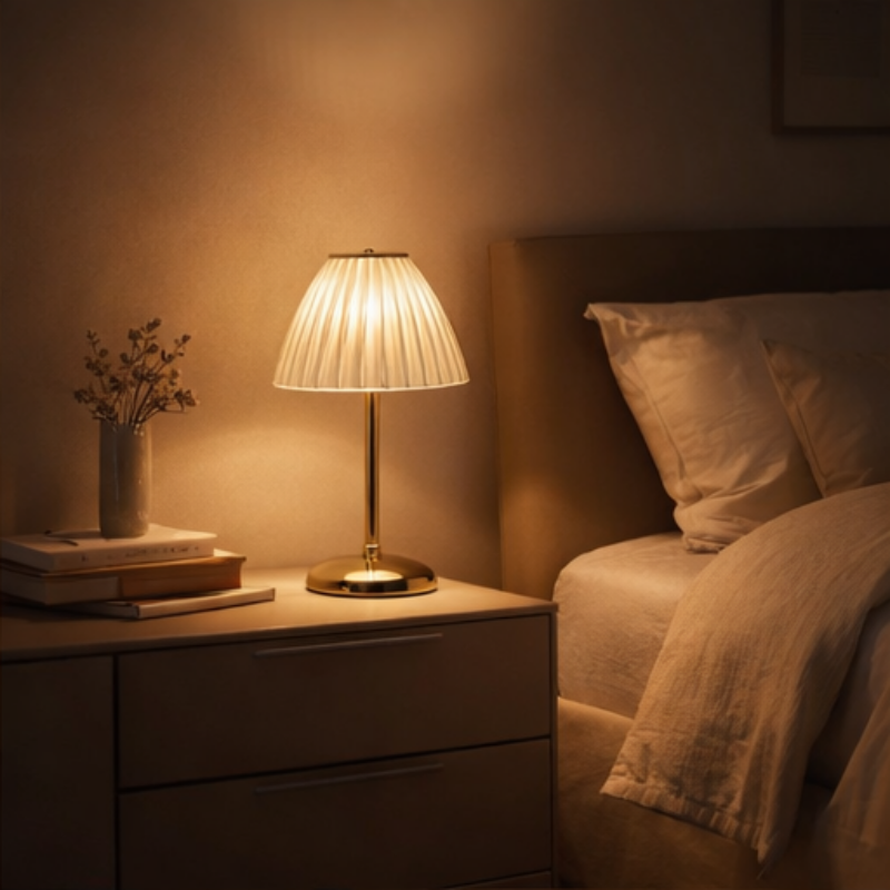 Dome Shade Cordless Table Lamp, Ribbed Transparent Shade, Touch Dimmer, Chrome Base