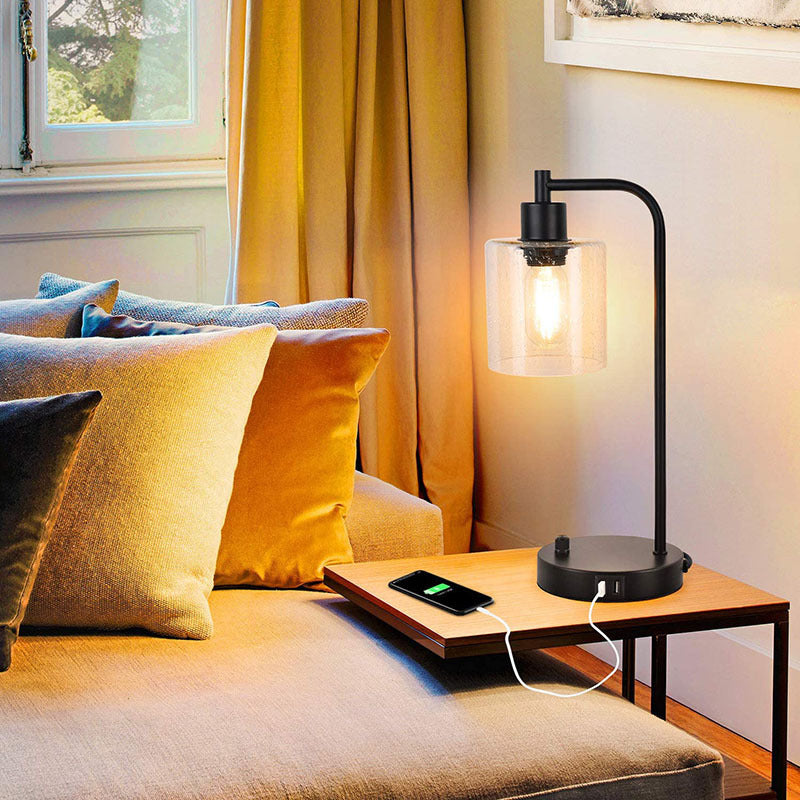 Table Lamp Set Dimmable Glass Shade USB Charging E26 LED