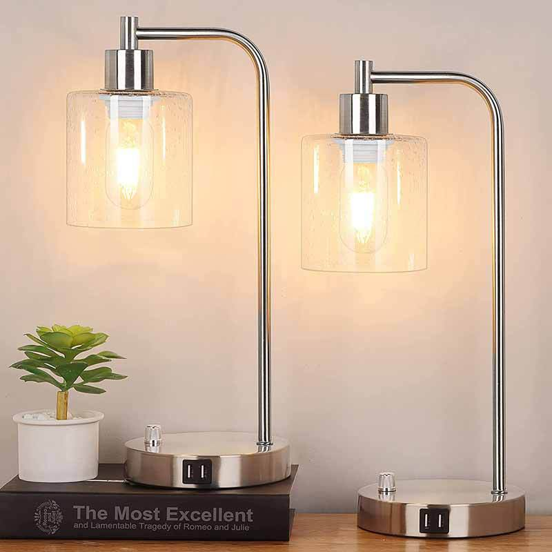 Table Lamp Set Dimmable Glass Shade USB Charging E26 LED