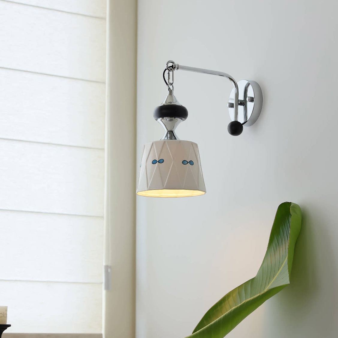 Ceramic Hanging Wall Sconce, Chrome Gooseneck & Oak