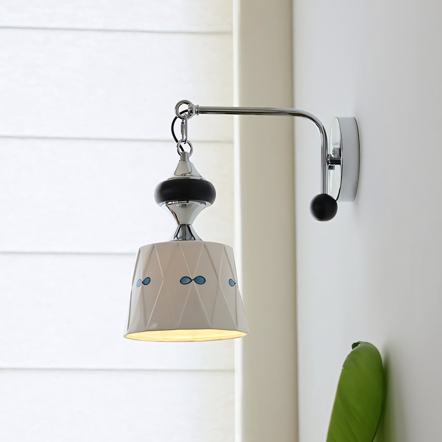 Ceramic Hanging Wall Sconce, Chrome Gooseneck & Oak