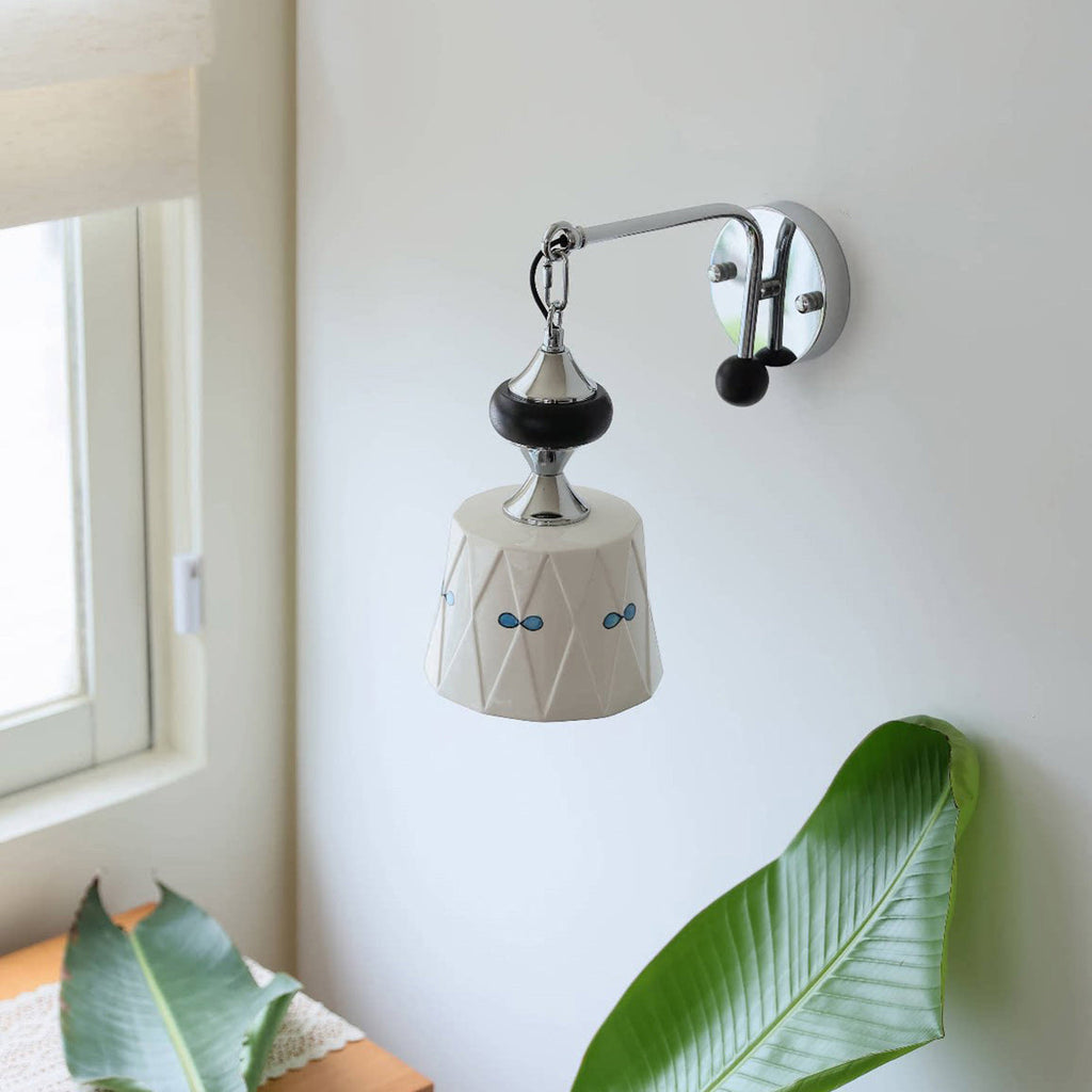 Ceramic Hanging Wall Sconce, Chrome Gooseneck & Oak