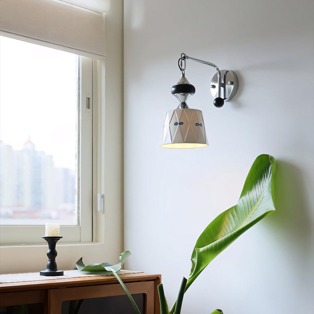 Ceramic Hanging Wall Sconce, Chrome Gooseneck & Oak