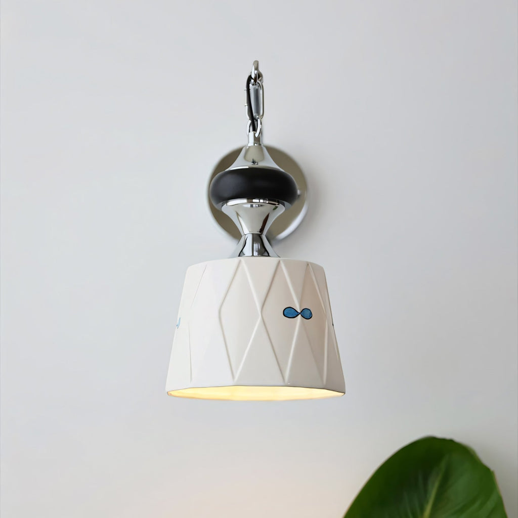 Ceramic Hanging Wall Sconce, Chrome Gooseneck & Oak
