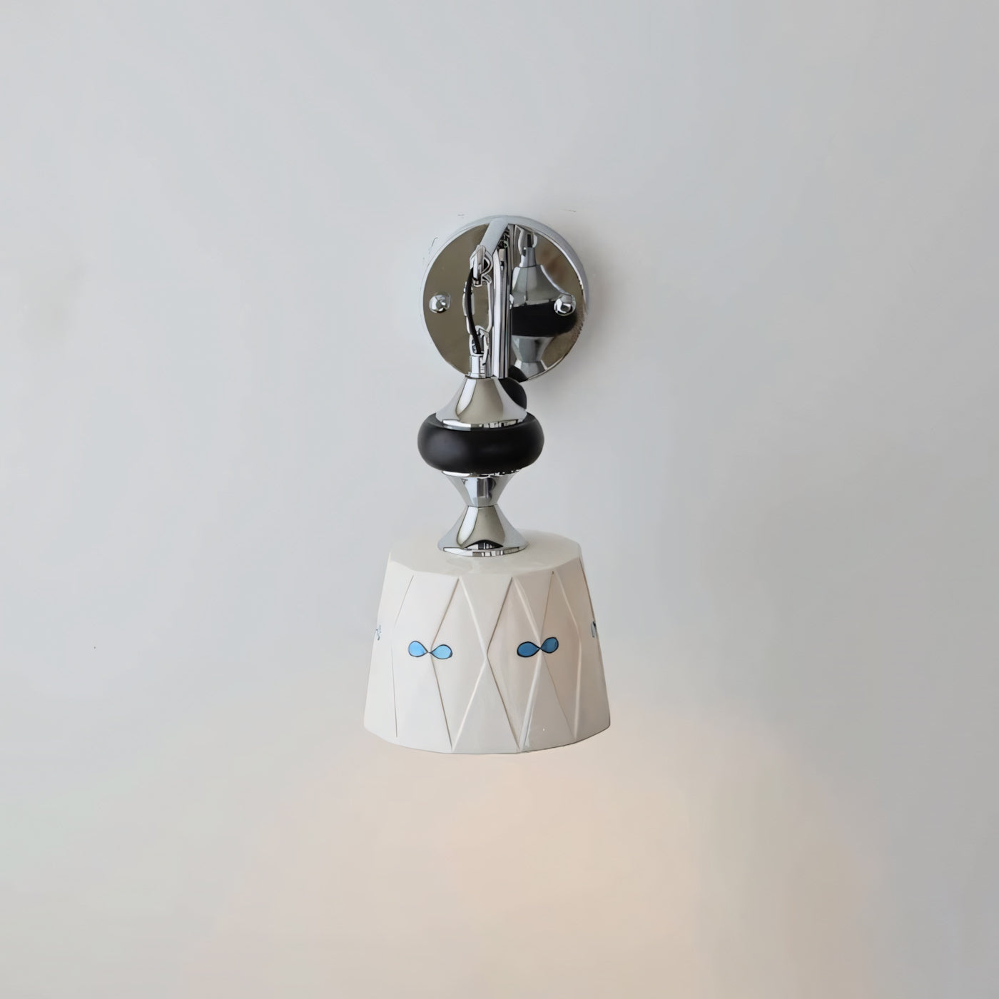 Ceramic Hanging Wall Sconce, Chrome Gooseneck & Oak