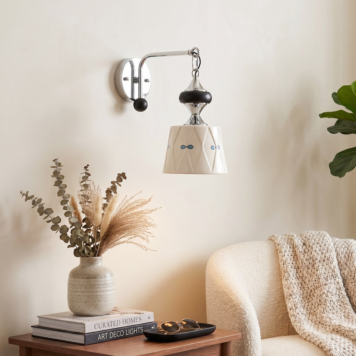 Ceramic Hanging Wall Sconce, Chrome Gooseneck & Oak