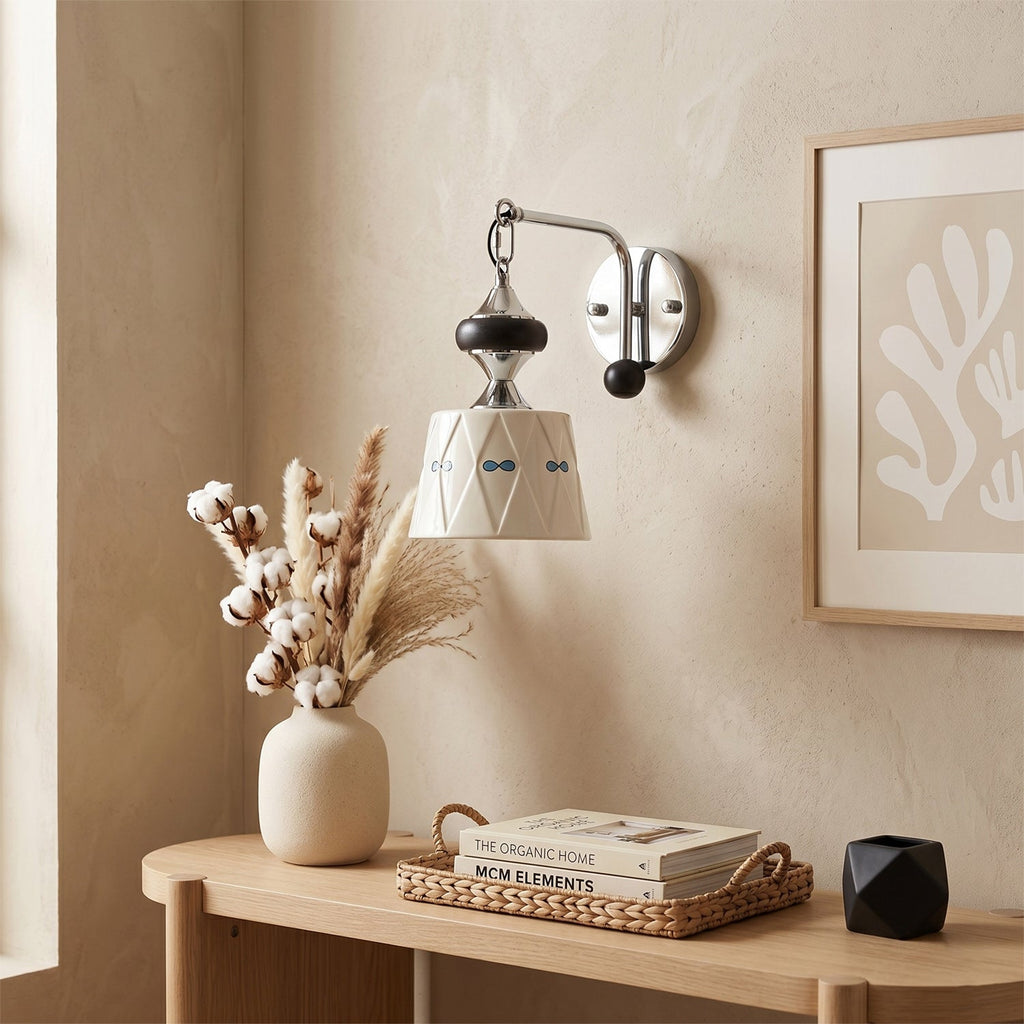 Ceramic Hanging Wall Sconce, Chrome Gooseneck & Oak