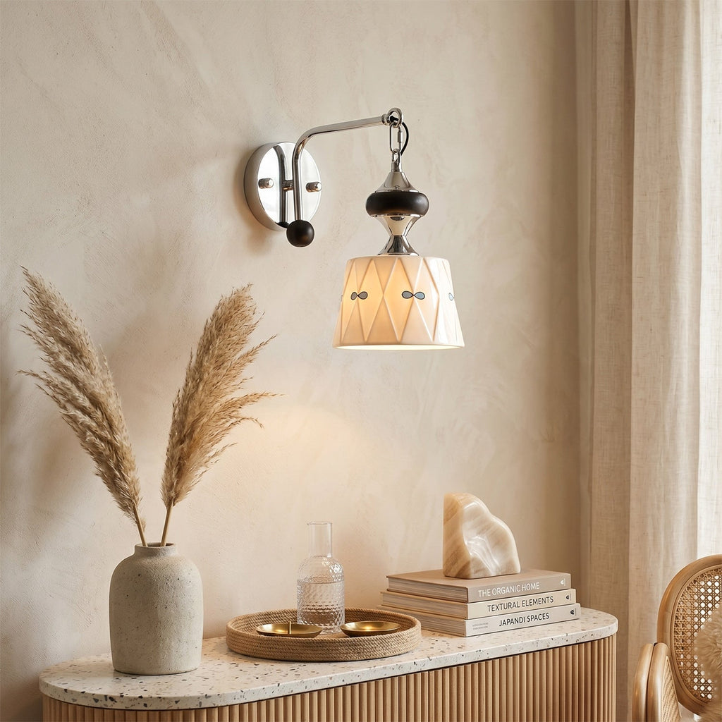 Ceramic Hanging Wall Sconce, Chrome Gooseneck & Oak