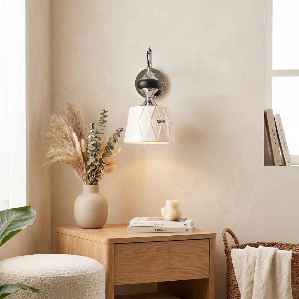 Ceramic Hanging Wall Sconce, Chrome Gooseneck & Oak