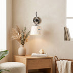Ceramic Hanging Wall Sconce, Chrome Gooseneck & Oak
