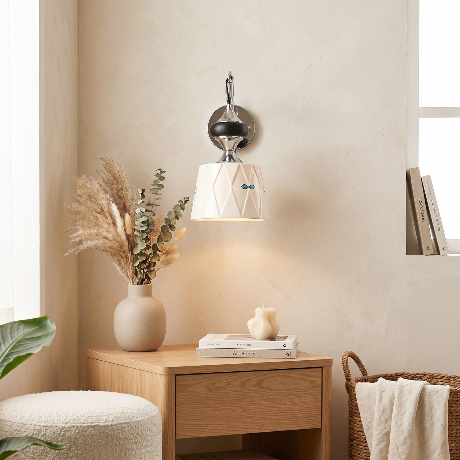 Ceramic Hanging Wall Sconce, Chrome Gooseneck & Oak