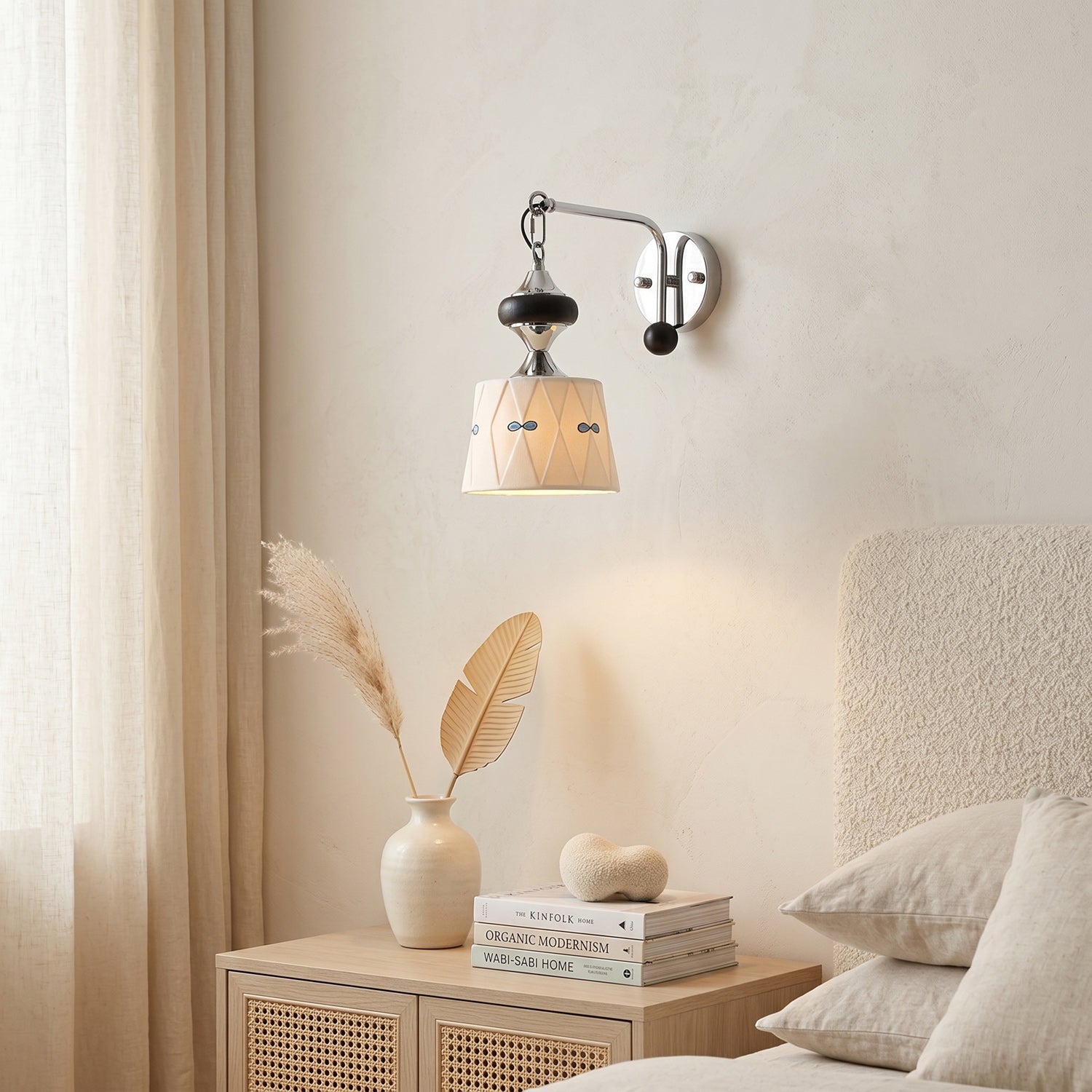 Ceramic Hanging Wall Sconce, Chrome Gooseneck & Oak