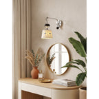 Ceramic Hanging Wall Sconce, Chrome Gooseneck & Oak