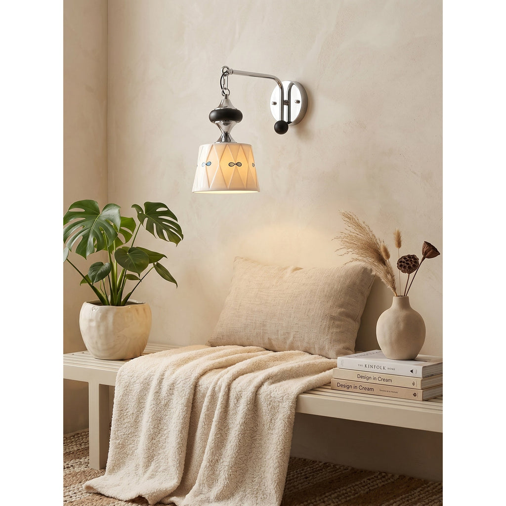Ceramic Hanging Wall Sconce, Chrome Gooseneck & Oak