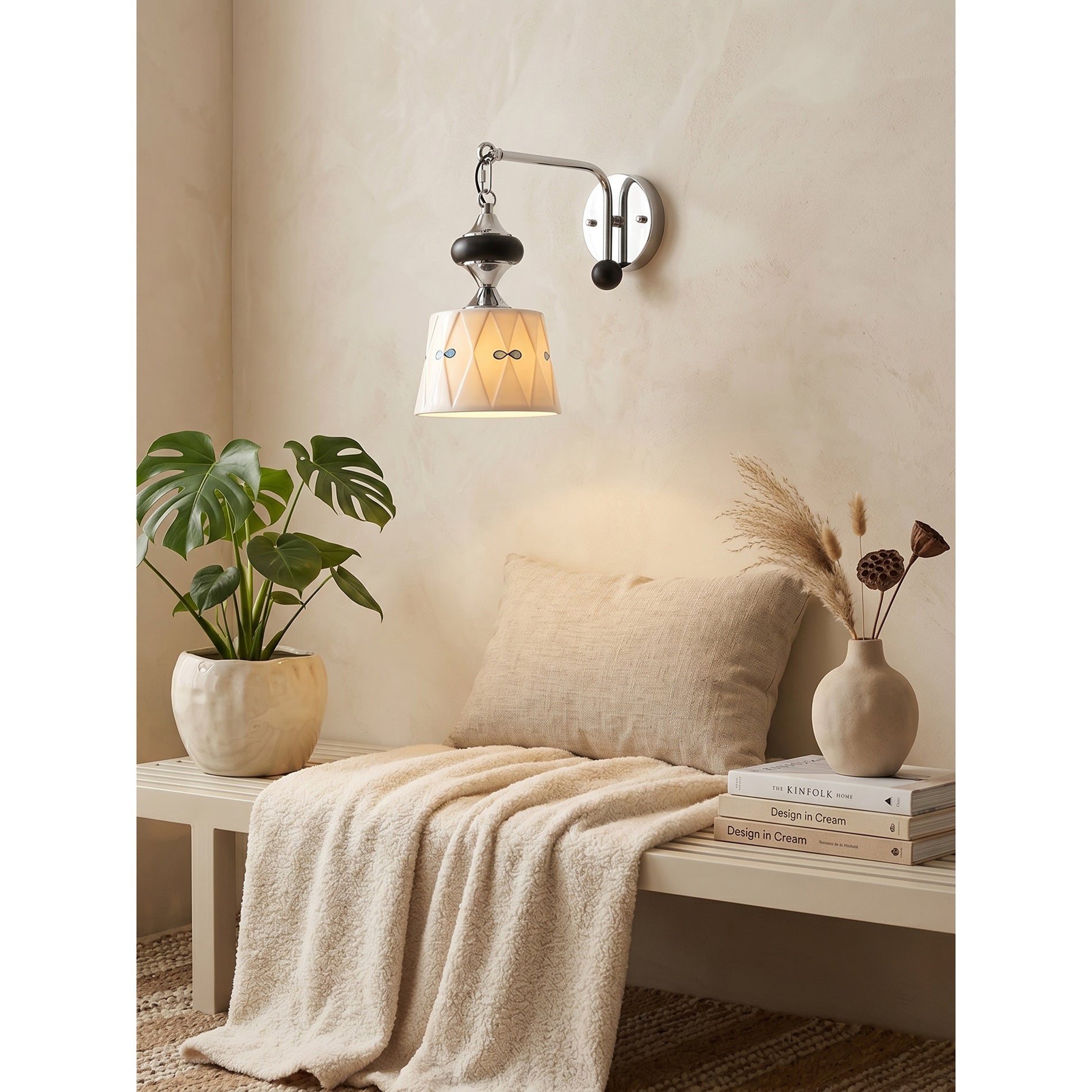 Ceramic Hanging Wall Sconce, Chrome Gooseneck & Oak