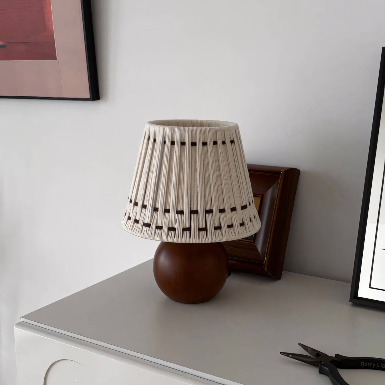 Woven Cotton Shade Table Lamp, Wood Sphere Base