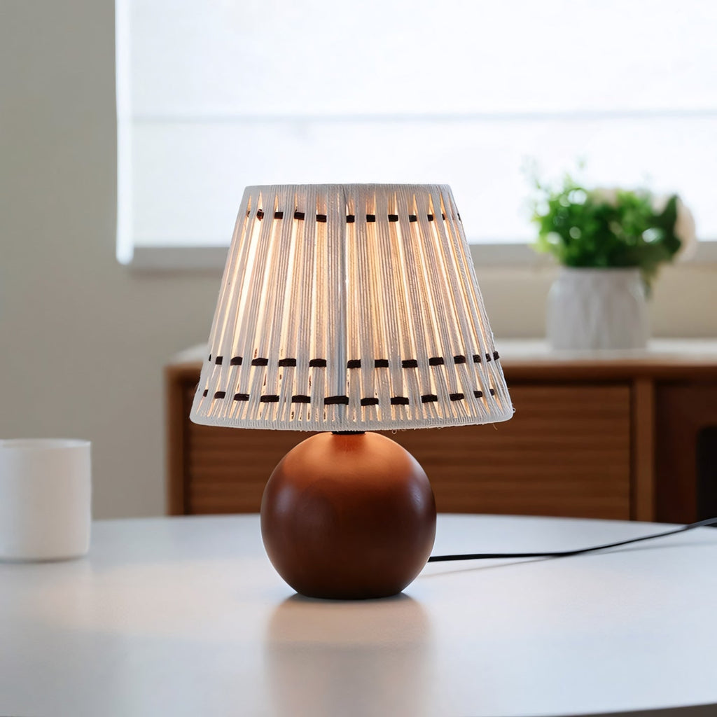 Woven Cotton Shade Table Lamp, Wood Sphere Base