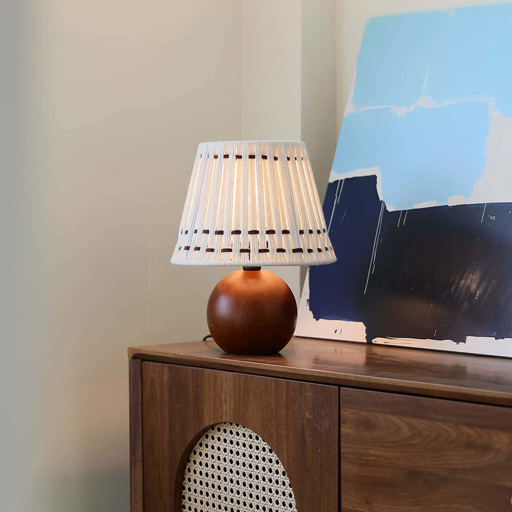 Woven Cotton Shade Table Lamp, Wood Sphere Base