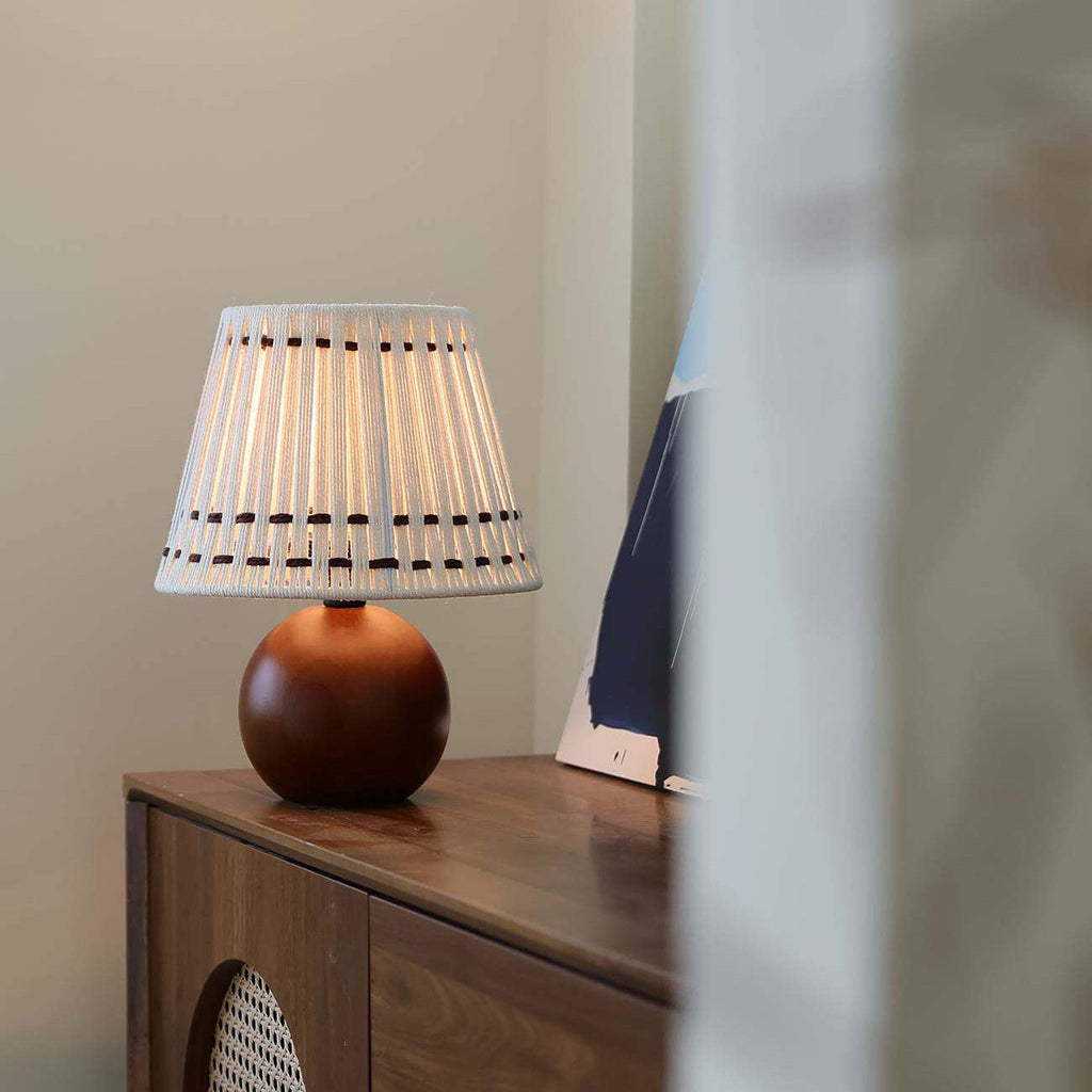 Woven Cotton Shade Table Lamp, Wood Sphere Base