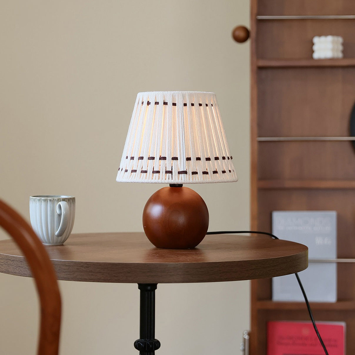 Woven Cotton Shade Table Lamp, Wood Sphere Base
