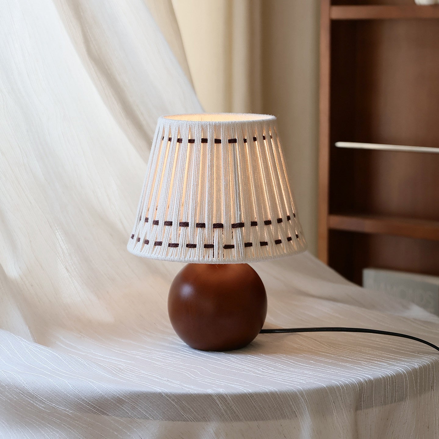 Woven Cotton Shade Table Lamp, Wood Sphere Base