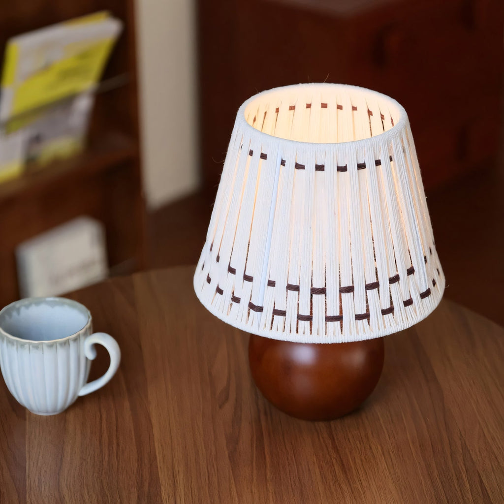 Woven Cotton Shade Table Lamp, Wood Sphere Base