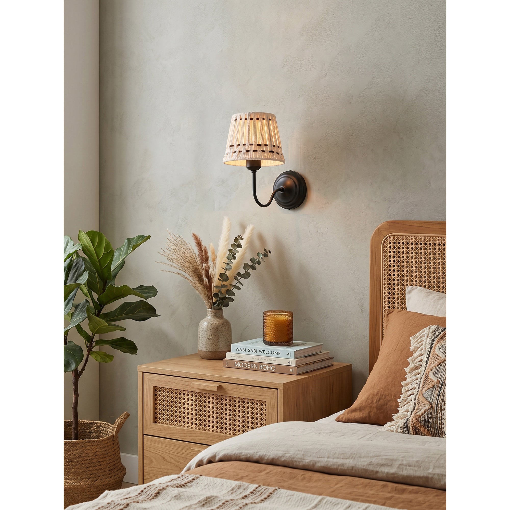 Hand-Woven Cotton Drum Wall Sconce, Curved Arm