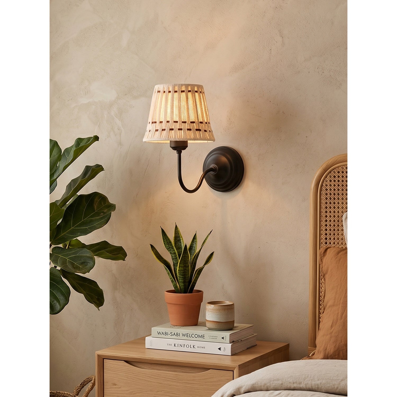 Hand-Woven Cotton Drum Wall Sconce, Curved Arm