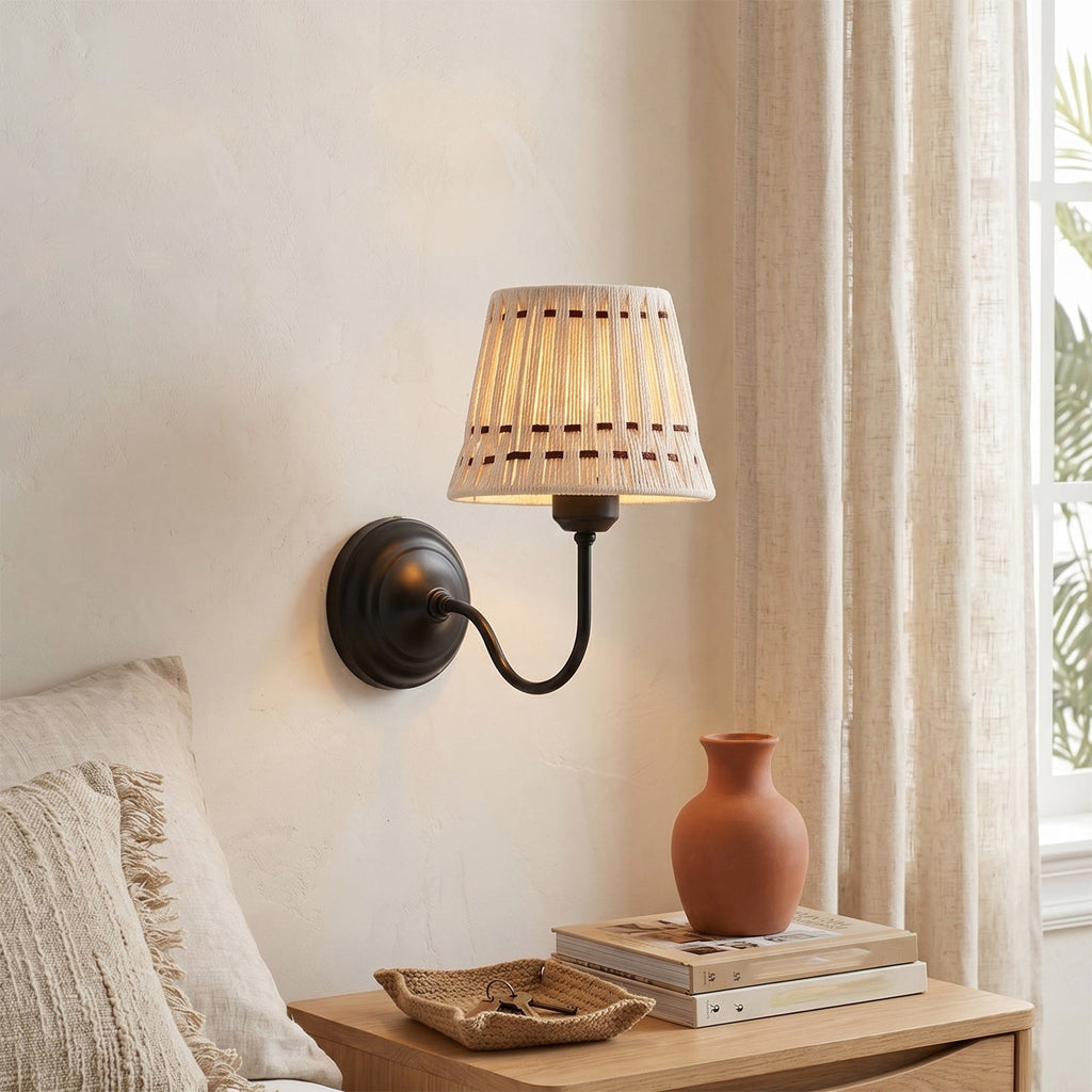 Hand-Woven Cotton Drum Wall Sconce, Curved Arm