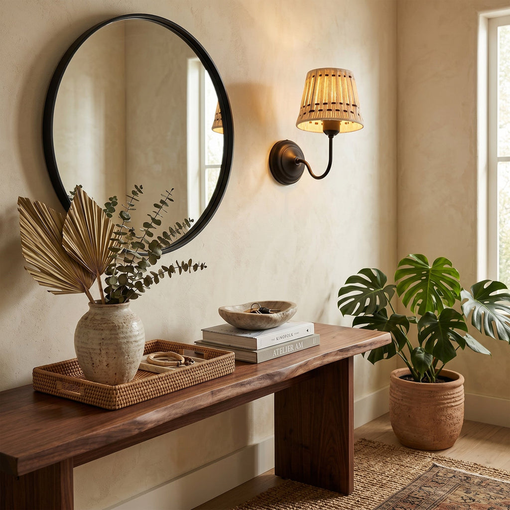 Hand-Woven Cotton Drum Wall Sconce, Curved Arm
