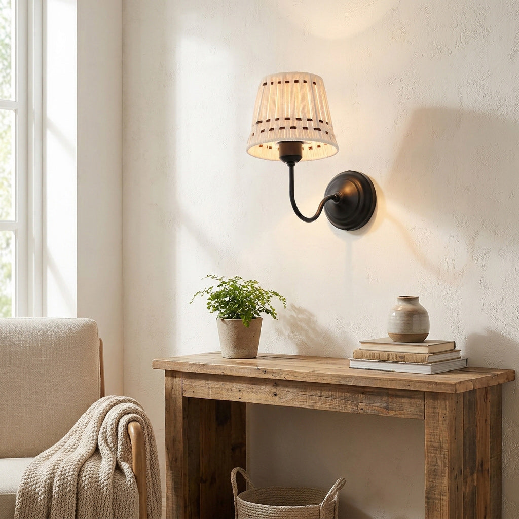 Hand-Woven Cotton Drum Wall Sconce, Curved Arm