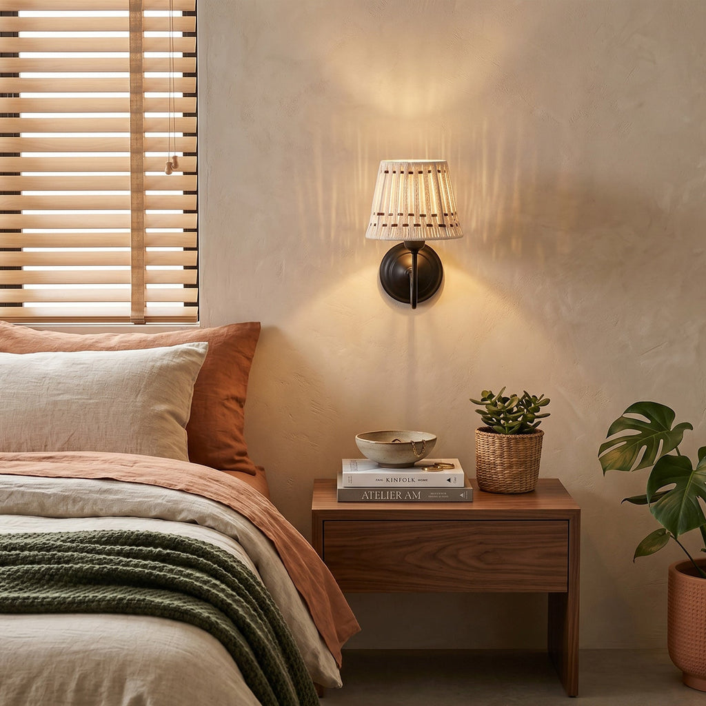 Hand-Woven Cotton Drum Wall Sconce, Curved Arm