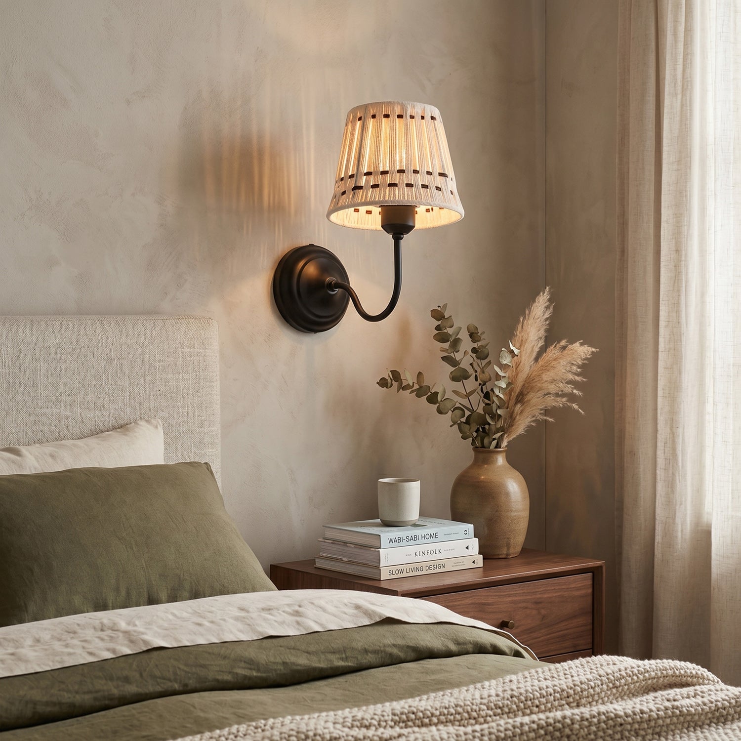 Hand-Woven Cotton Drum Wall Sconce, Curved Arm