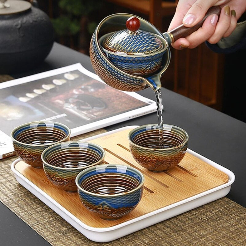 Tea Set 5 Piece Ceramic Bamboo Tray 170 ml Elegant Teapot