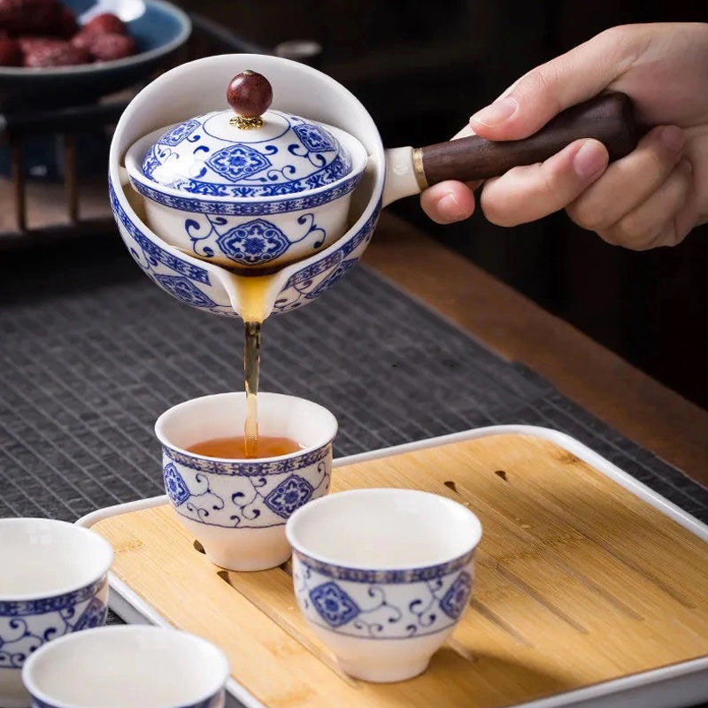 Tea Set 5 Piece Ceramic Bamboo Tray 170 ml Elegant Teapot