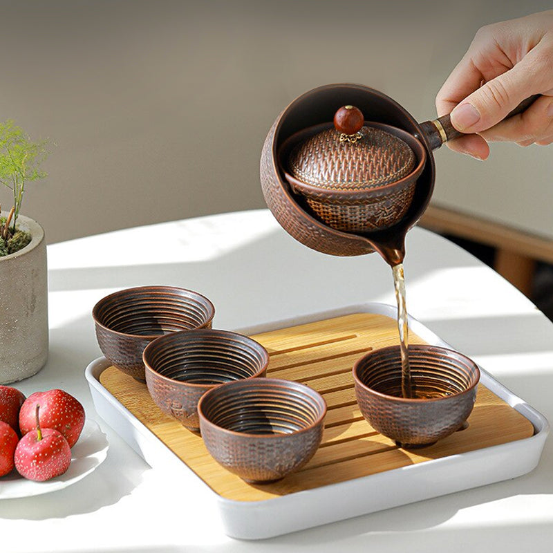 Tea Set 5 Piece Ceramic Bamboo Tray 170 ml Elegant Teapot