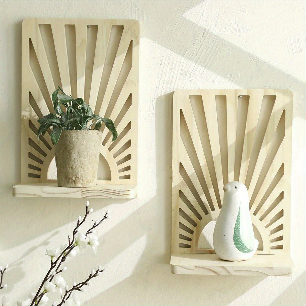 TeakFan: Wooden Wall Shelf – decorative, floating & fan-shaped in minimalist design for plants in the living room & balcony