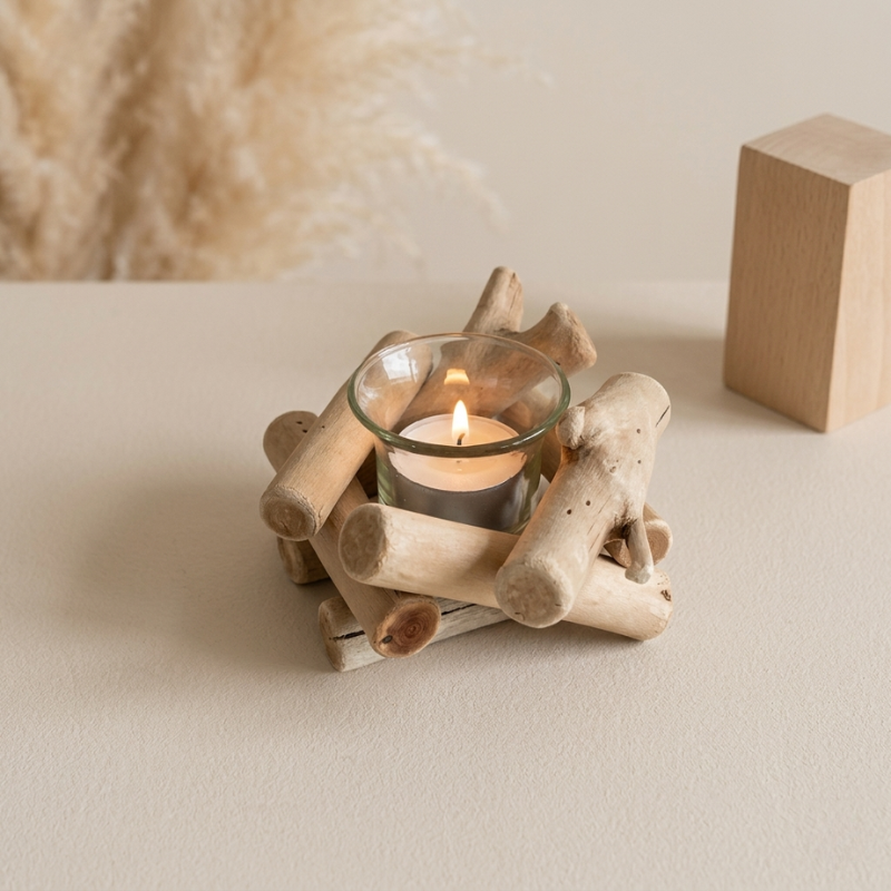 Coastal Tealight Candle Holder Wood Frame and Glass Indoor Tabletop Decor