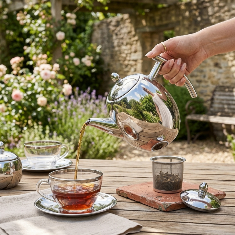 Teapot Stainless Steel 1.5L Built In Infuser Brushed Silver, Effortless Brewing