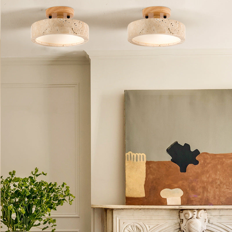 TerraLuce: Round LED Ceiling Light 1-Bulb Made of Travertine Stone Minimalist – for Hallway & Living Room