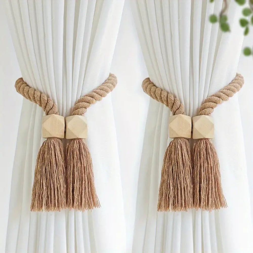 TerraPerle: Curtain Holders with Wooden Beads & Tassels – Decorative & Durable for Curtains in a Set of 2