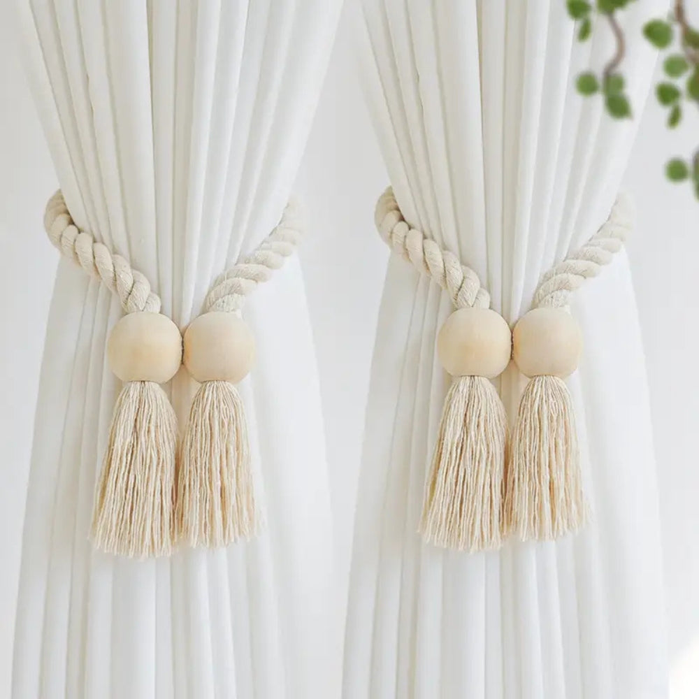 TerraPerle: Curtain Holders with Wooden Beads & Tassels – Decorative & Durable for Curtains in a Set of 2