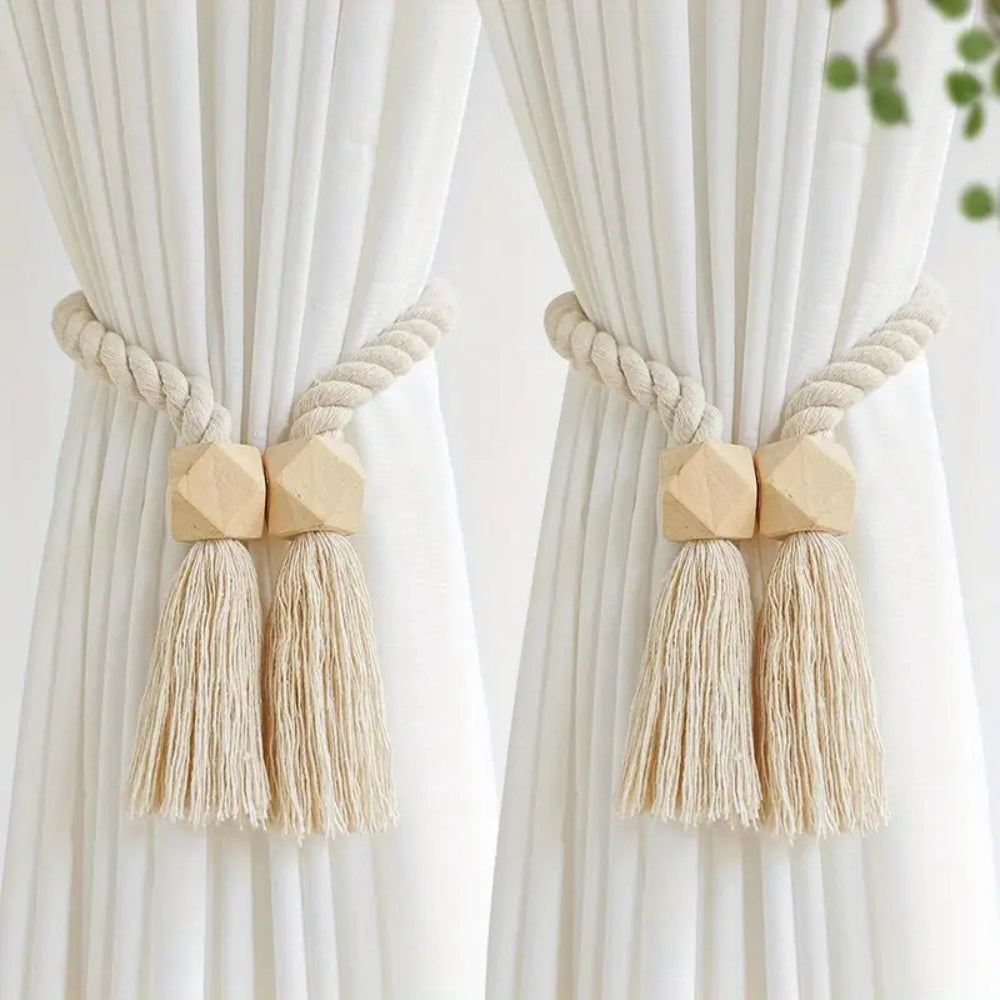 TerraPerle: Curtain Holders with Wooden Beads & Tassels – Decorative & Durable for Curtains in a Set of 2
