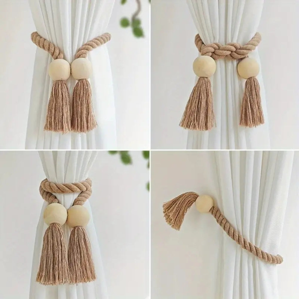 TerraPerle: Curtain Holders with Wooden Beads & Tassels – Decorative & Durable for Curtains in a Set of 2