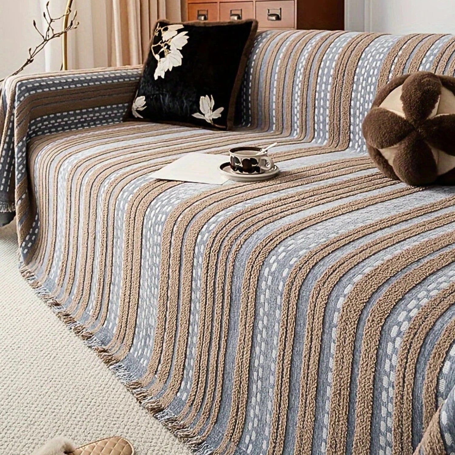 TerraStripes: Sofa Cover in Boho Stripe Design Made of Plush Microfiber with Non-Slip Comfort – for Sofa & Daybed