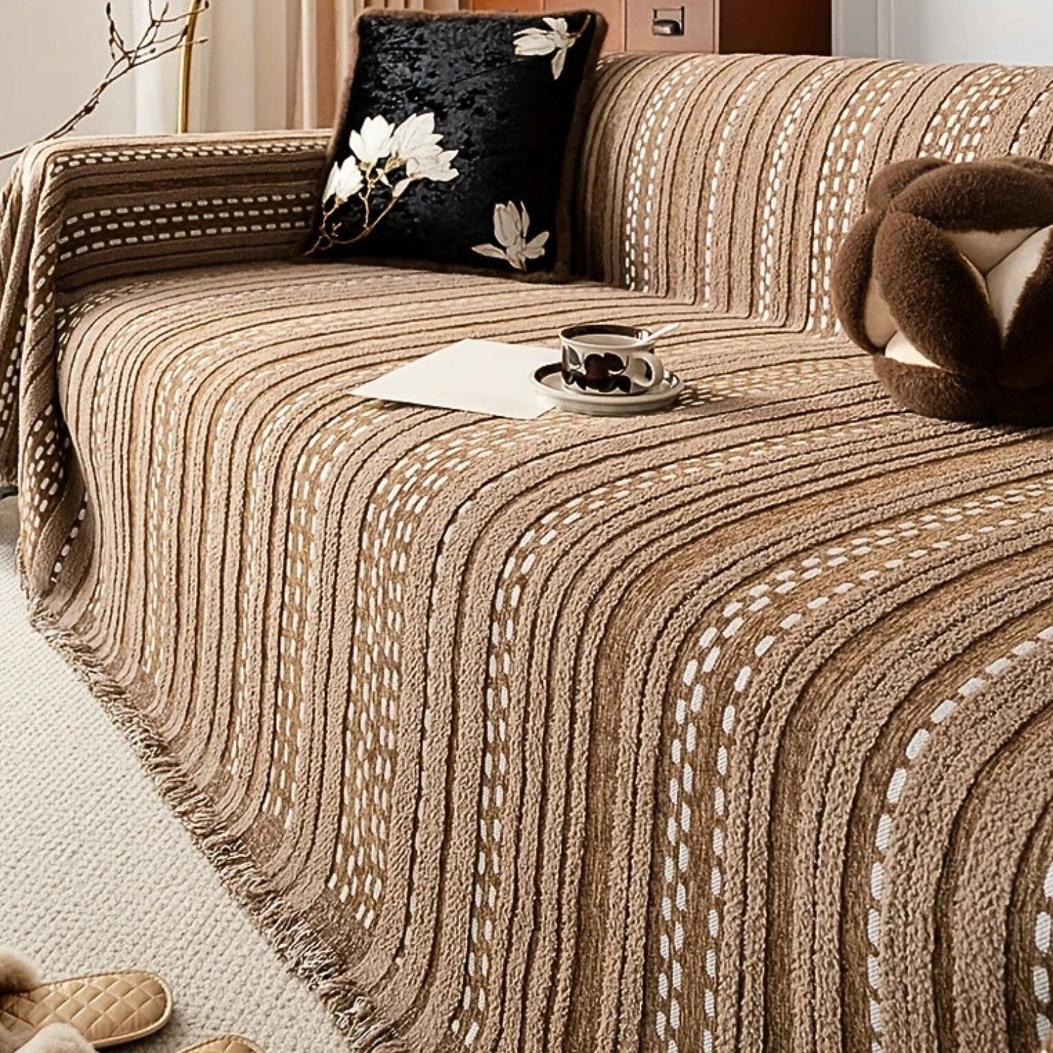 TerraStripes: Sofa Cover in Boho Stripe Design Made of Plush Microfiber with Non-Slip Comfort – for Sofa & Daybed