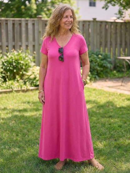 Elegant Maxi Dress for Women V-Neck Short Sleeve