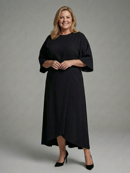 Elegant Cape Sleeve Midi Dress for Women Asymmetric Hem