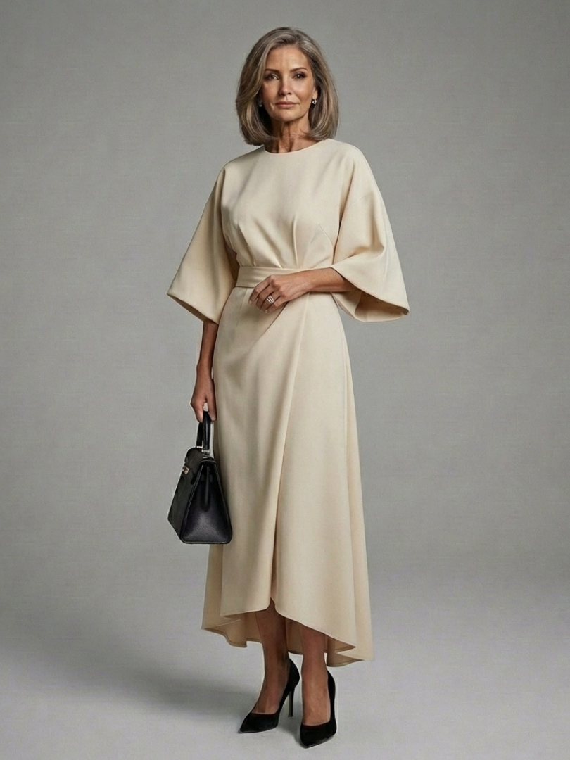 Elegant Cape Sleeve Midi Dress for Women Asymmetric Hem